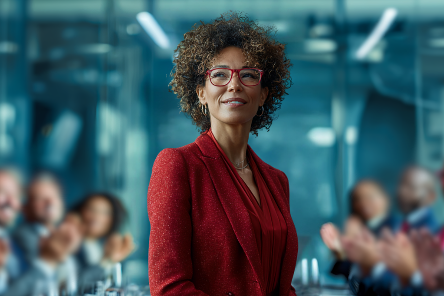 Woman applauded at meeting by executives for making the right choice in PR and marketing agencies 