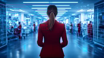 Woman wearing red suit standing in high tech hospital corridor