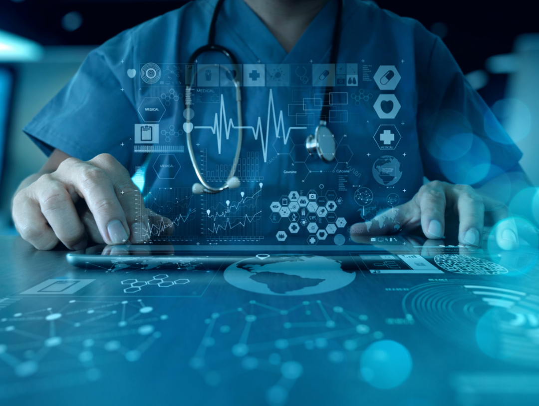 Healthcare professional in blue scrubs using a tablet with transparent digital medical data overlays and blue-teal bokeh lights in the background. Case story listing page images