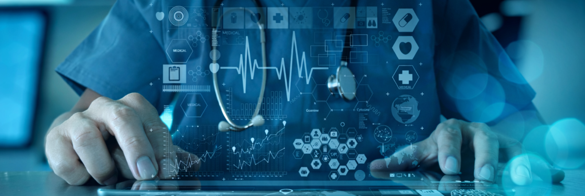 Healthcare professional in blue scrubs using a tablet with transparent digital medical data overlays and blue-teal bokeh lights in the background.KNB marketing  case story images for website