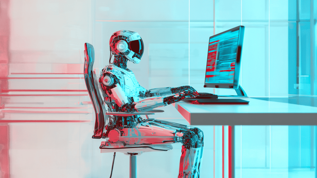 Robot at computer - visual storytelling - KNB AI in healthcare health tech biotech life sciences pharma marketing 