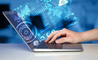  Modern notebook computer with future technology media symbols 