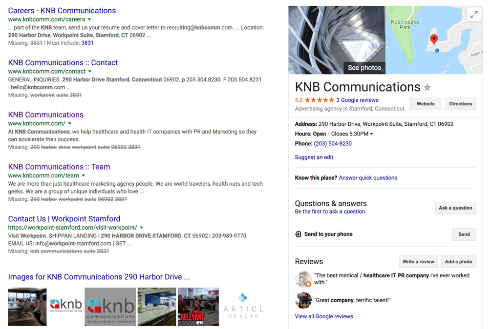 KNB Communications Healthcare Marketing and PR search listing 