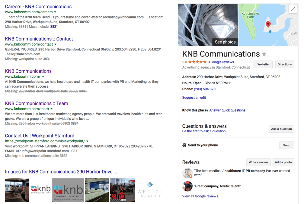 KNB Communications Healthcare Marketing and PR search listing 