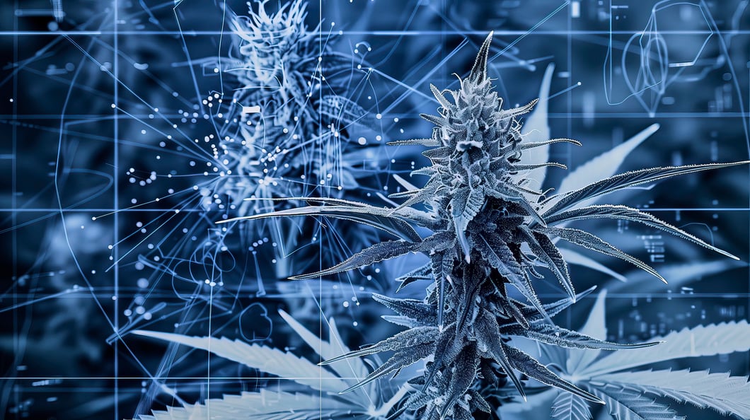 Blue-toned futuristic illustration of a cannabis plant with digital network lines, molecular graphics, and data visualization overlays representing medical cannabis research and biotechnology. 