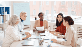  group of women PR professionals conducting media training 