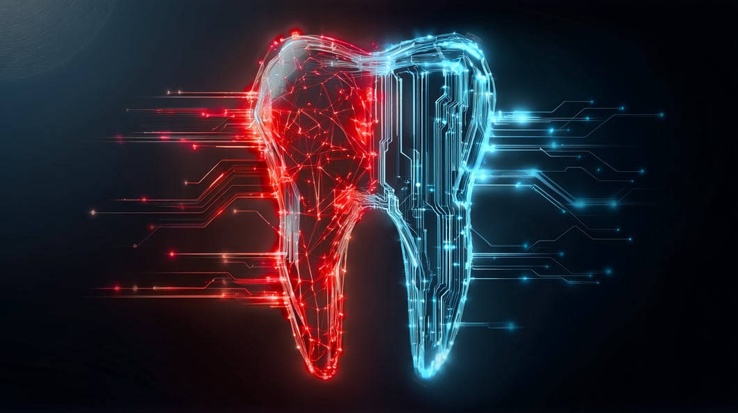 abstract concept of dental technology sales and marketing alignment one side red one side blue making shape of tooth 