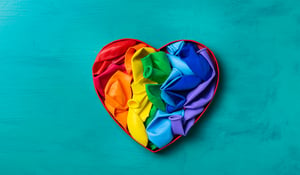 Rainbow-colored heart set on teal background