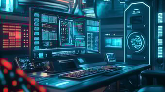 High tech computer and work station with blue light  