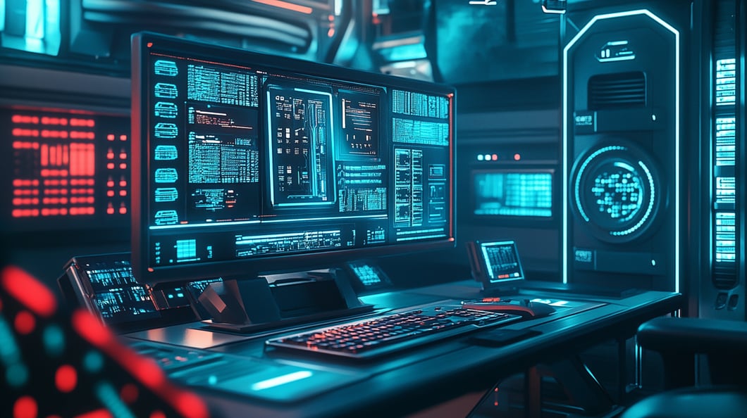 High tech computer and work station with blue light  