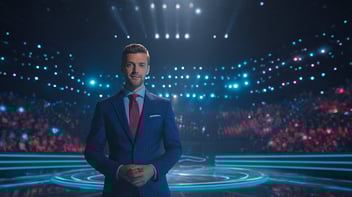 A well-dressed male host in a blue pinstripe suit and red tie stands confidently on a brightly lit stage with a futuristic design, surrounded by a vibrant audience