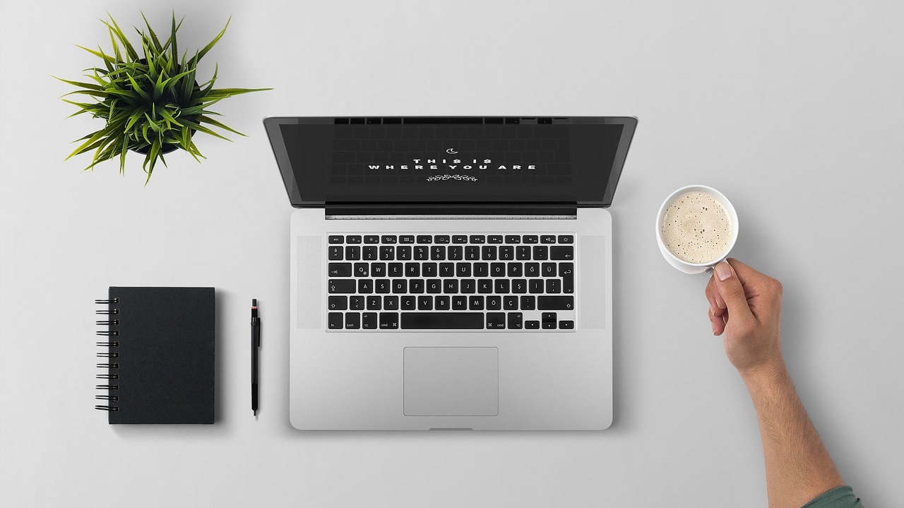 A laptop, succulent, and cup of coffee